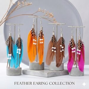 Boho Beaded Feather Drop Earrings | Choice of 4 Colors | New